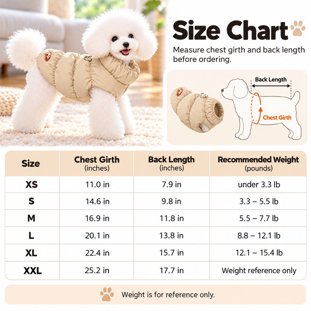 Dog puffer vest size chart XS to 2XL with chest and back measurements in inches
