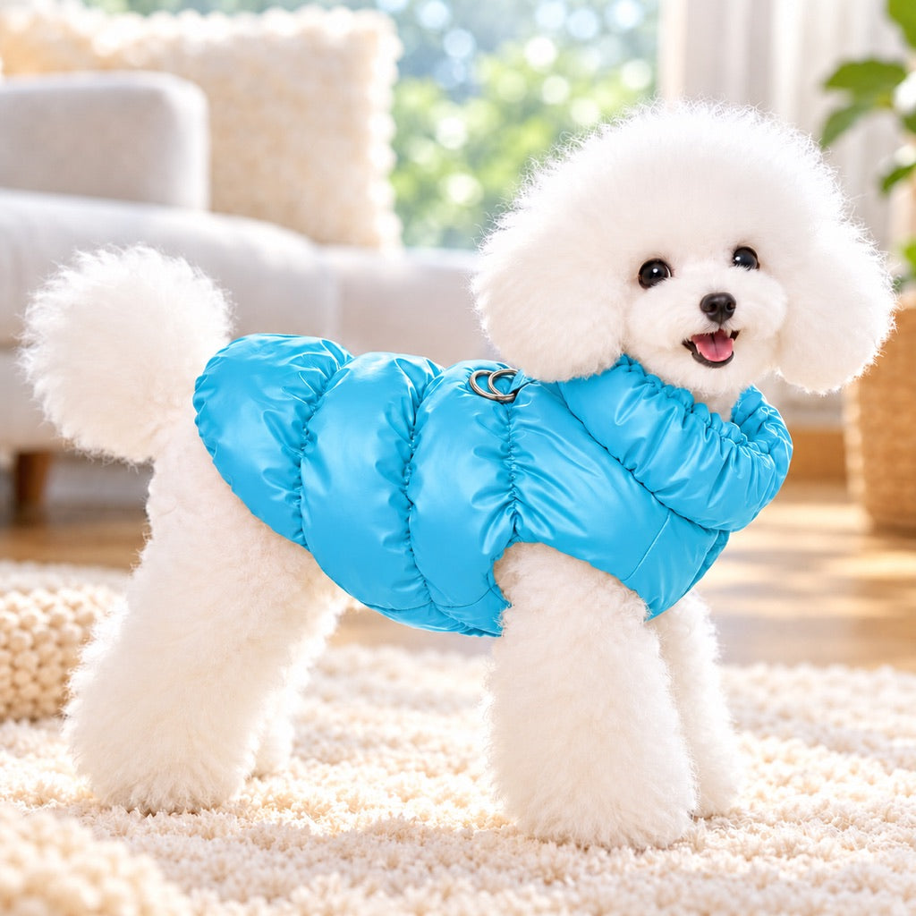 Small dog wearing a sky blue fleece-lined winter puffer vest