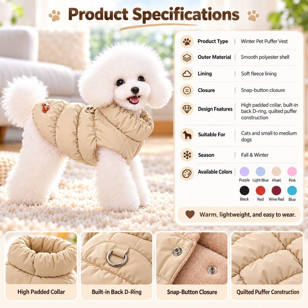 Winter dog puffer vest material and color specifications