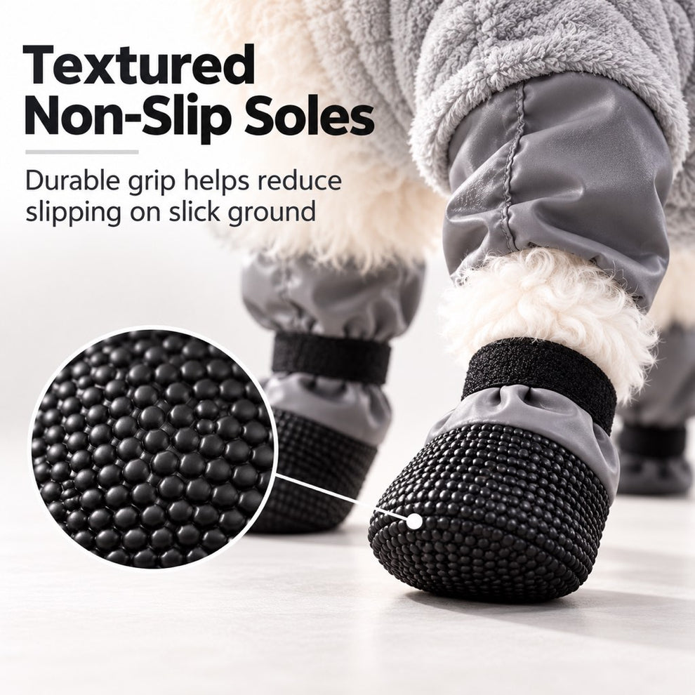 Textured grip soles on integrated dog snowsuit booties