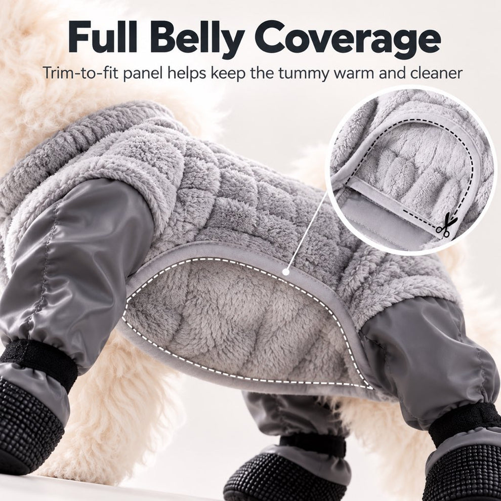 Trim-to-fit belly panel on gray dog winter snowsuit