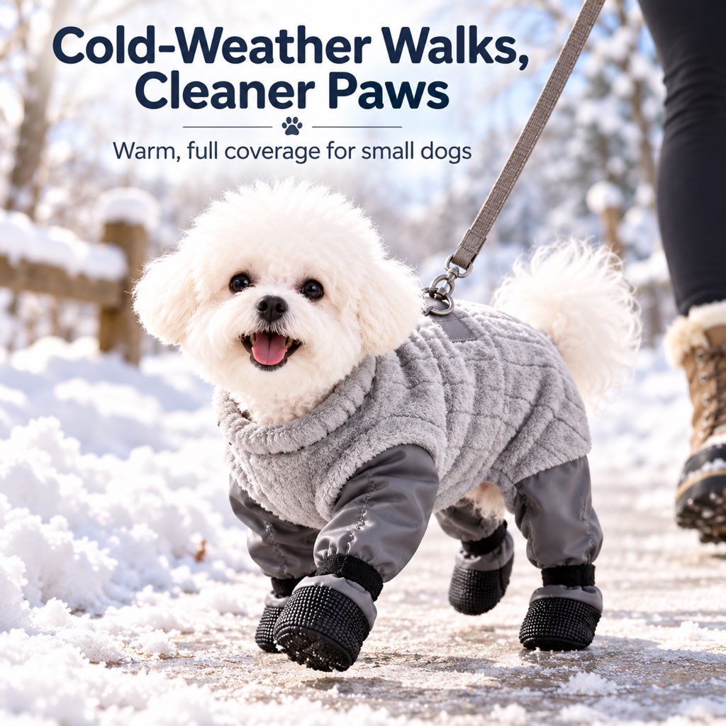 Gray dog snowsuit with built-in boots on a winter walk