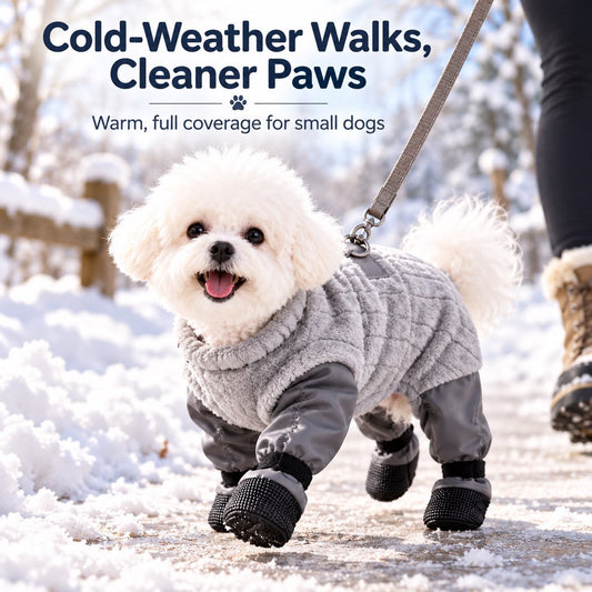 Gray dog snowsuit with built-in boots on a winter walk