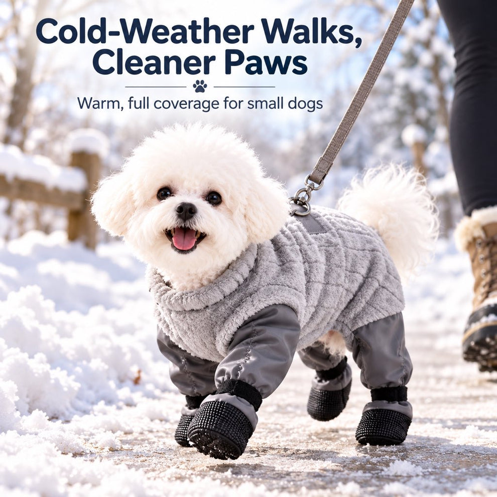 Gray dog snowsuit with built-in boots on a winter walk