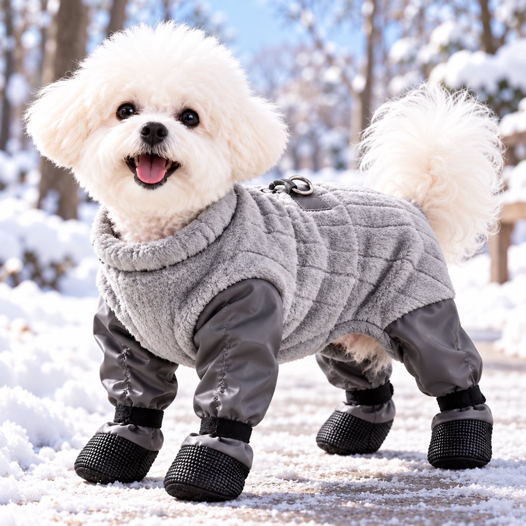 Small dog wearing gray full-body snowsuit with built-in boots in snow