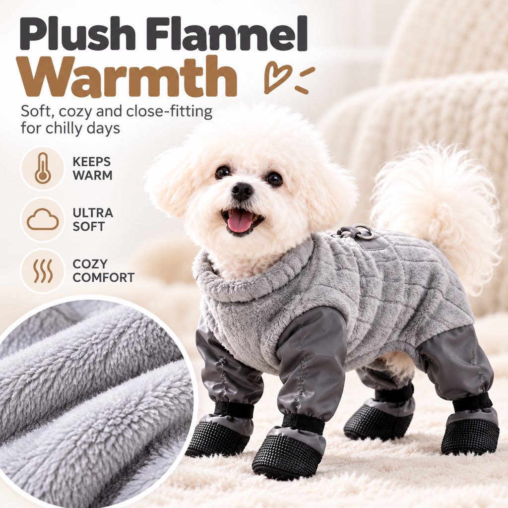 Soft gray plush fleece on winter dog snowsuit