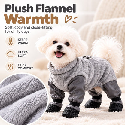 Soft gray plush fleece on winter dog snowsuit