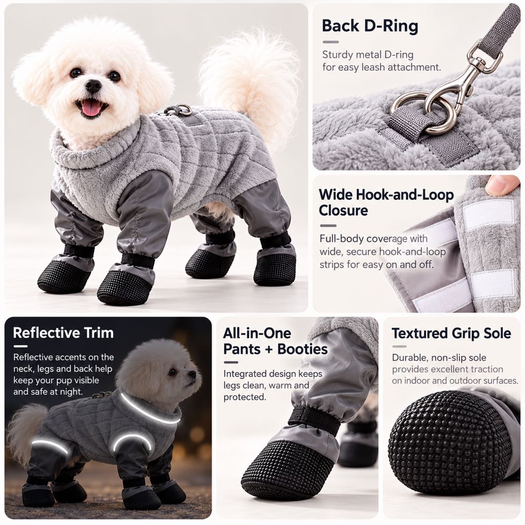 Gray dog snowsuit leash ring hook-and-loop closure reflective trim and soles