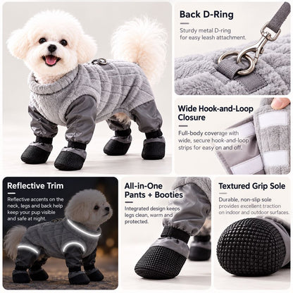 Gray dog snowsuit leash ring hook-and-loop closure reflective trim and soles