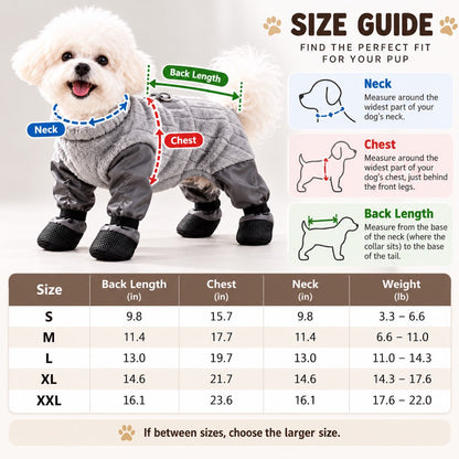 Gray dog snowsuit size chart S through 2XL in inches