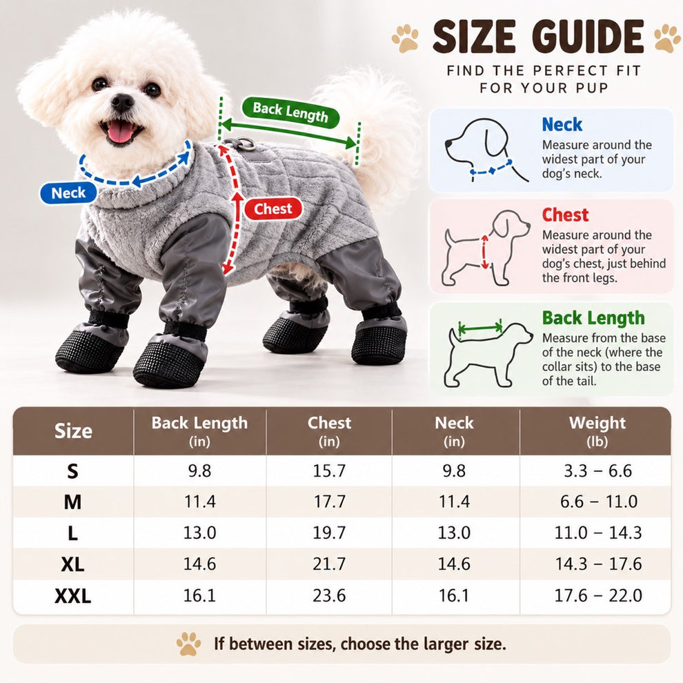 Gray dog snowsuit size chart S through 2XL in inches