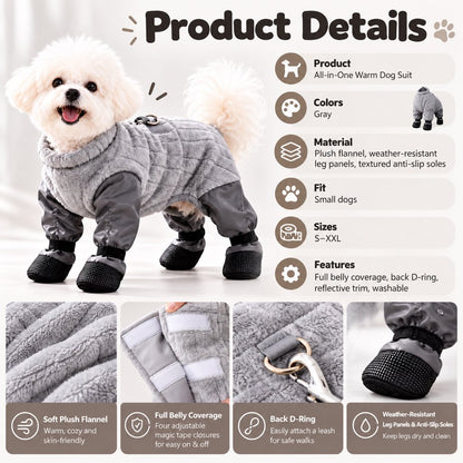 Gray-only dog snowsuit specifications with fleece and built-in boots