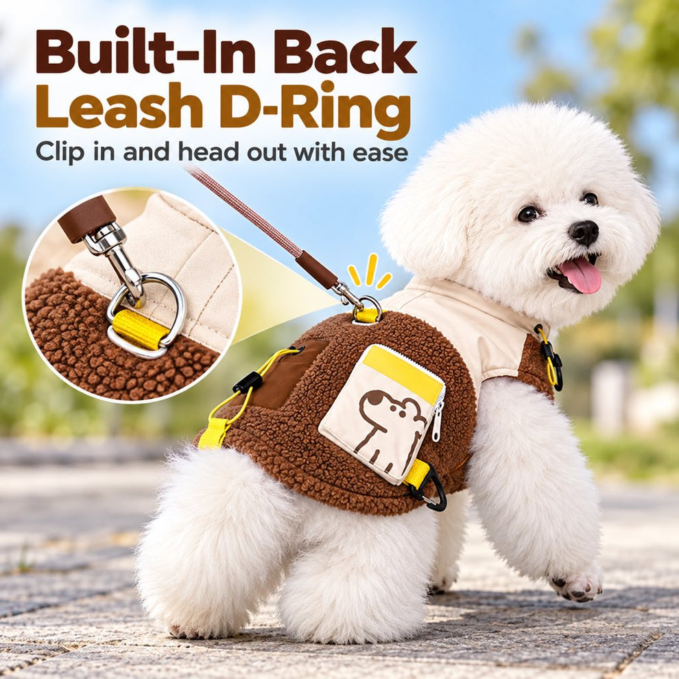Back leash D-ring on a brown and cream sherpa dog vest