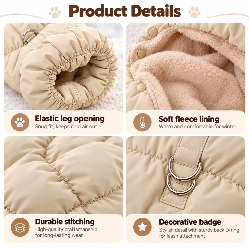 Dog puffer vest leg opening fleece lining stitching and ring details