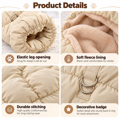 Dog puffer vest leg opening fleece lining stitching and ring details