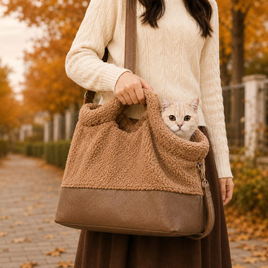Paws in Awe Winter Sherpa Pet Carrier Bag for Walks & Vet Visits - Stable Bottom, Secure Handheld Shoulder Tote for Cats & Small Pets image 1