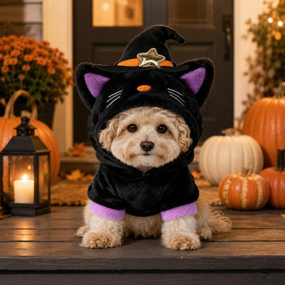 Witch Cat Halloween pet costume hoodie on small dog