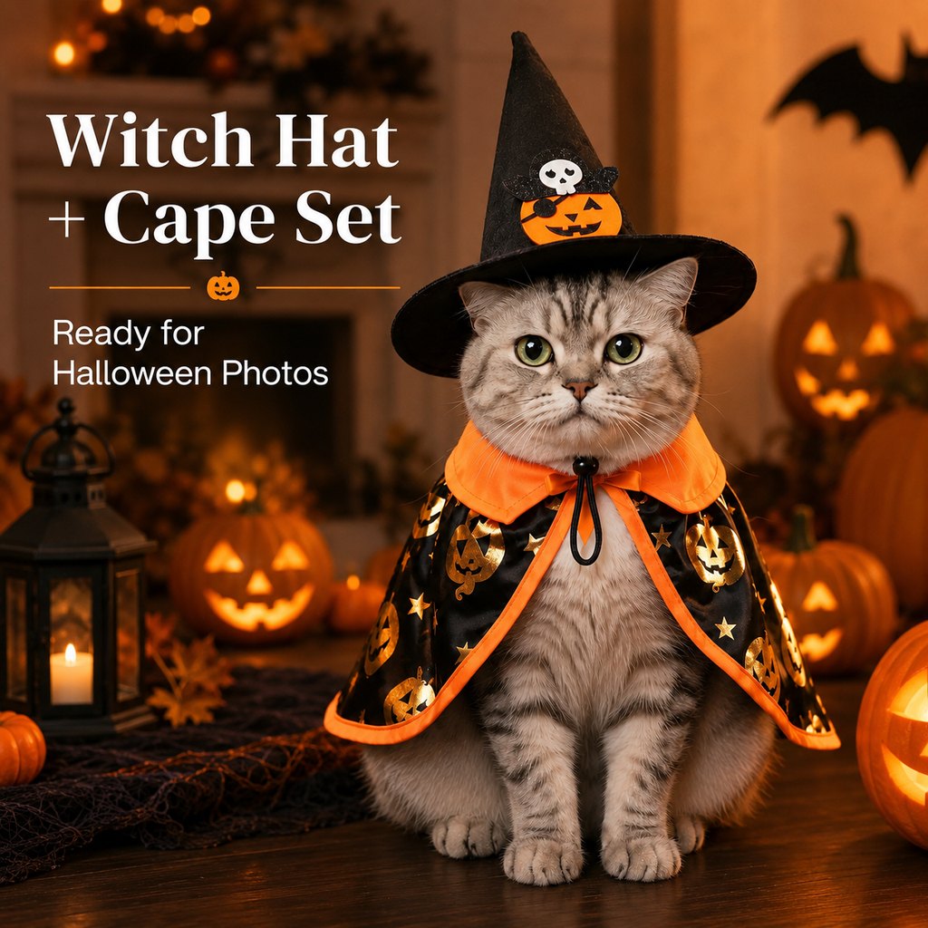 Halloween cat witch hat and cape costume set