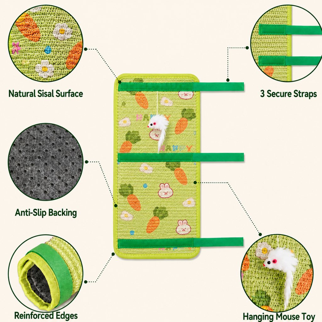 Wrap-around cat scratcher feature diagram