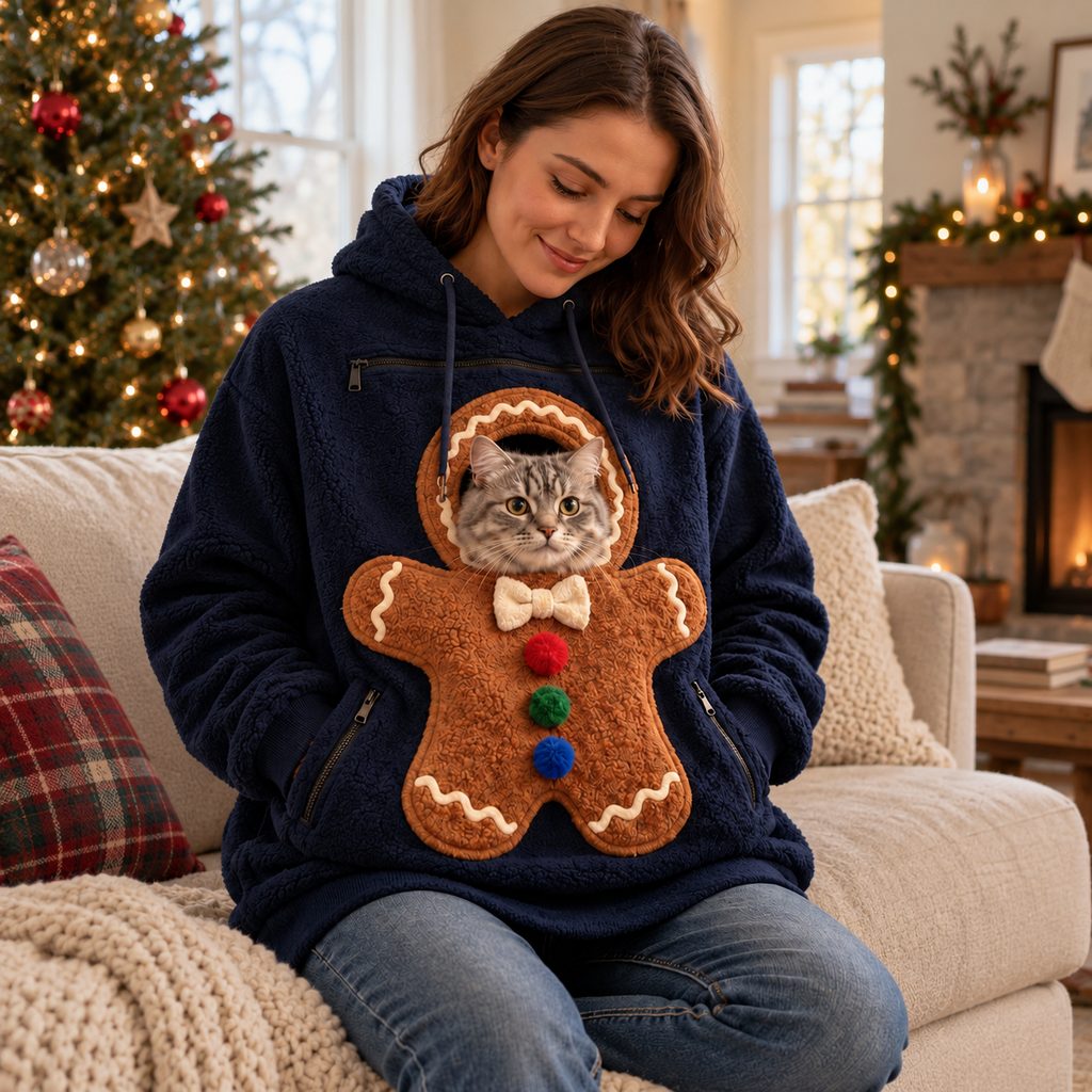 navy gingerbread Christmas pet pouch hoodie