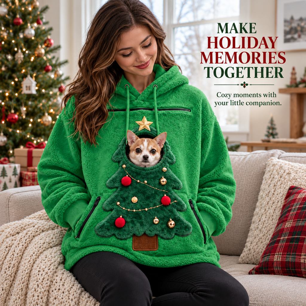 green Christmas tree pet pouch hoodie for holiday moments