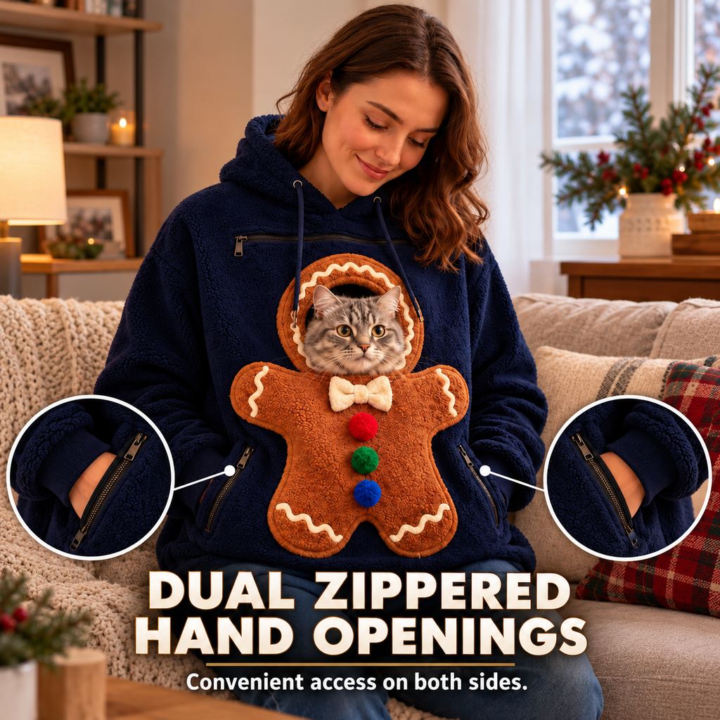 navy gingerbread pet pouch hoodie dual zippered hand openings