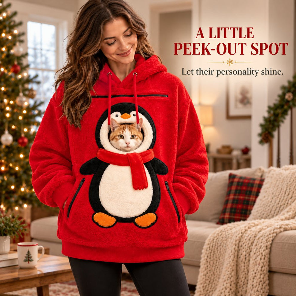 red penguin pet pouch hoodie front peek-out opening