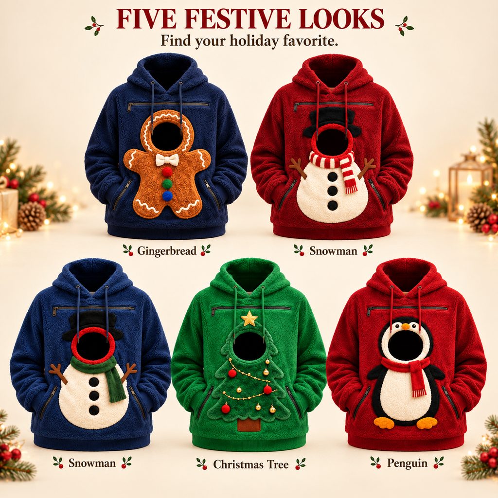 five festive Christmas pet pouch hoodie styles