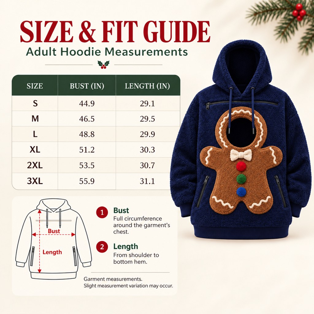 navy gingerbread pet pouch hoodie adult size guide