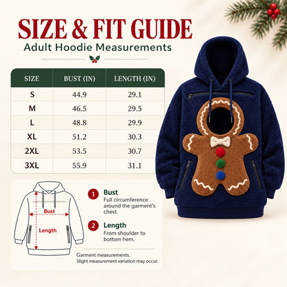 navy gingerbread pet pouch hoodie adult size guide