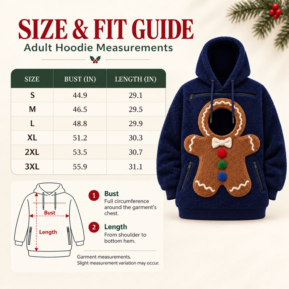 navy gingerbread pet pouch hoodie adult size guide