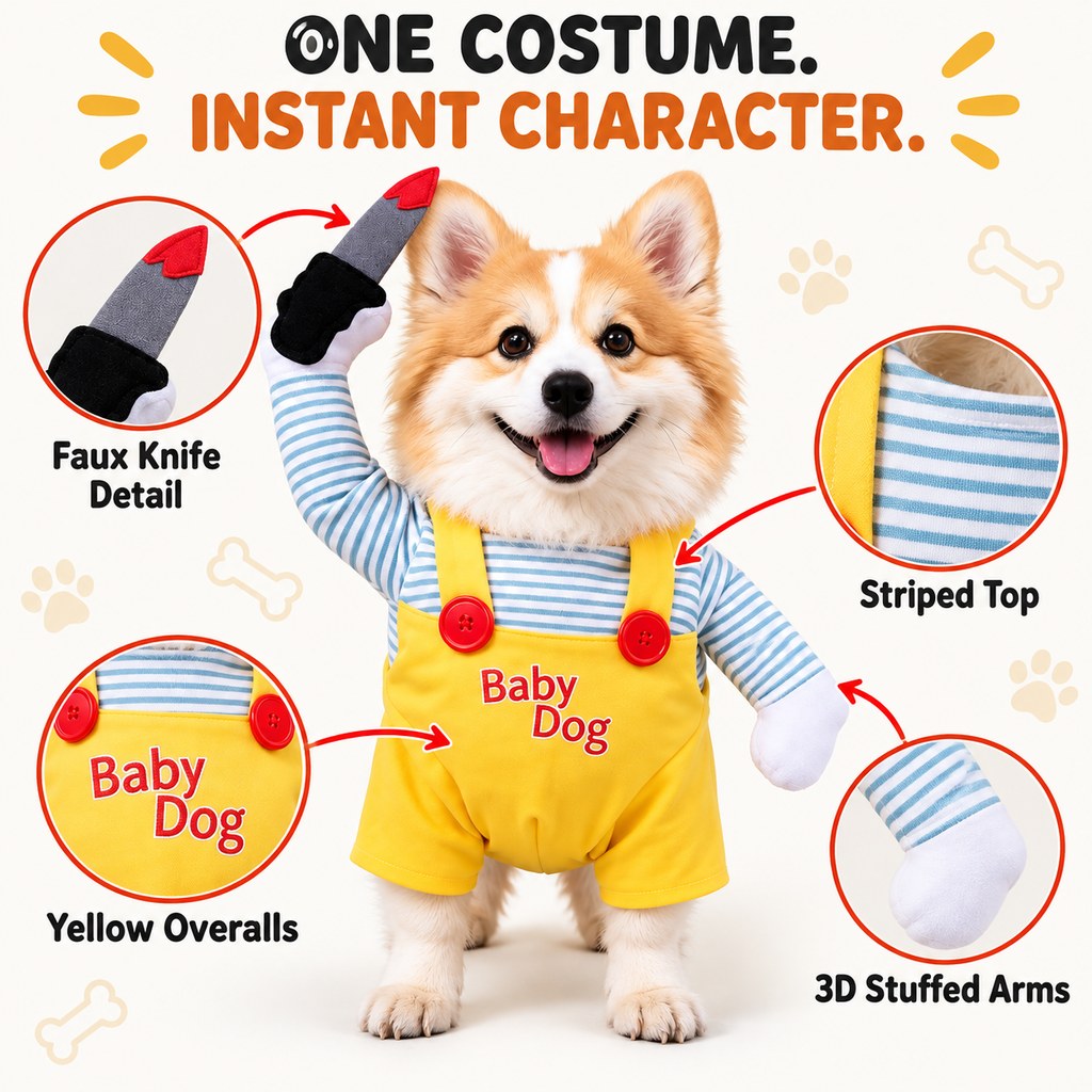Yellow overalls striped top and stuffed arms on dog costume