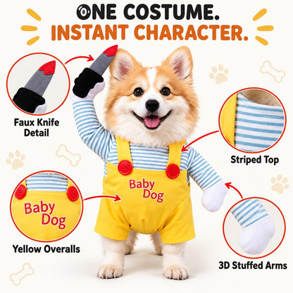 Yellow overalls striped top and stuffed arms on dog costume