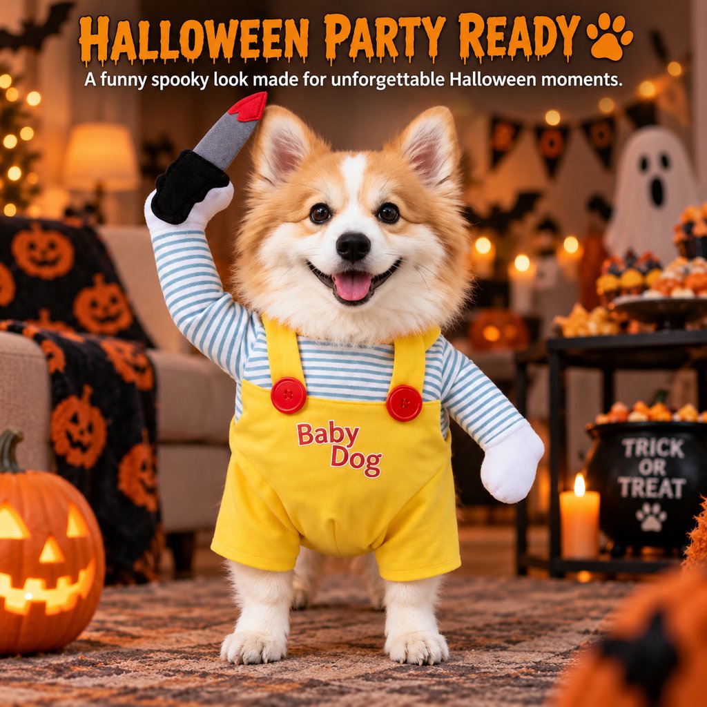 Funny yellow horror doll dog costume ready for a Halloween party