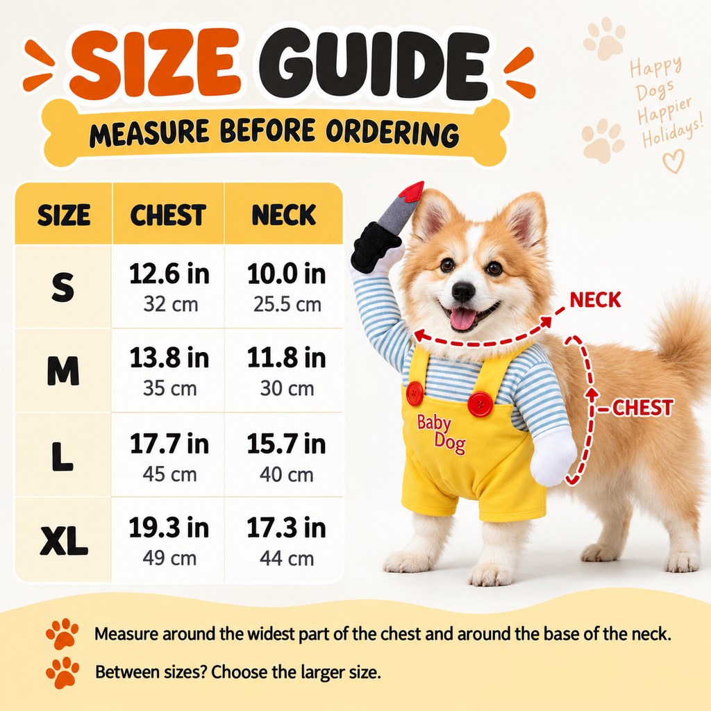 Yellow horror doll dog Halloween costume size guide S to XL