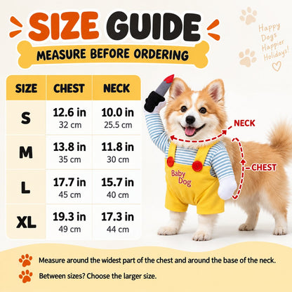 Yellow horror doll dog Halloween costume size guide S to XL