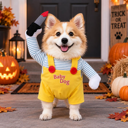 Yellow horror doll dog Halloween costume with decorative faux knife