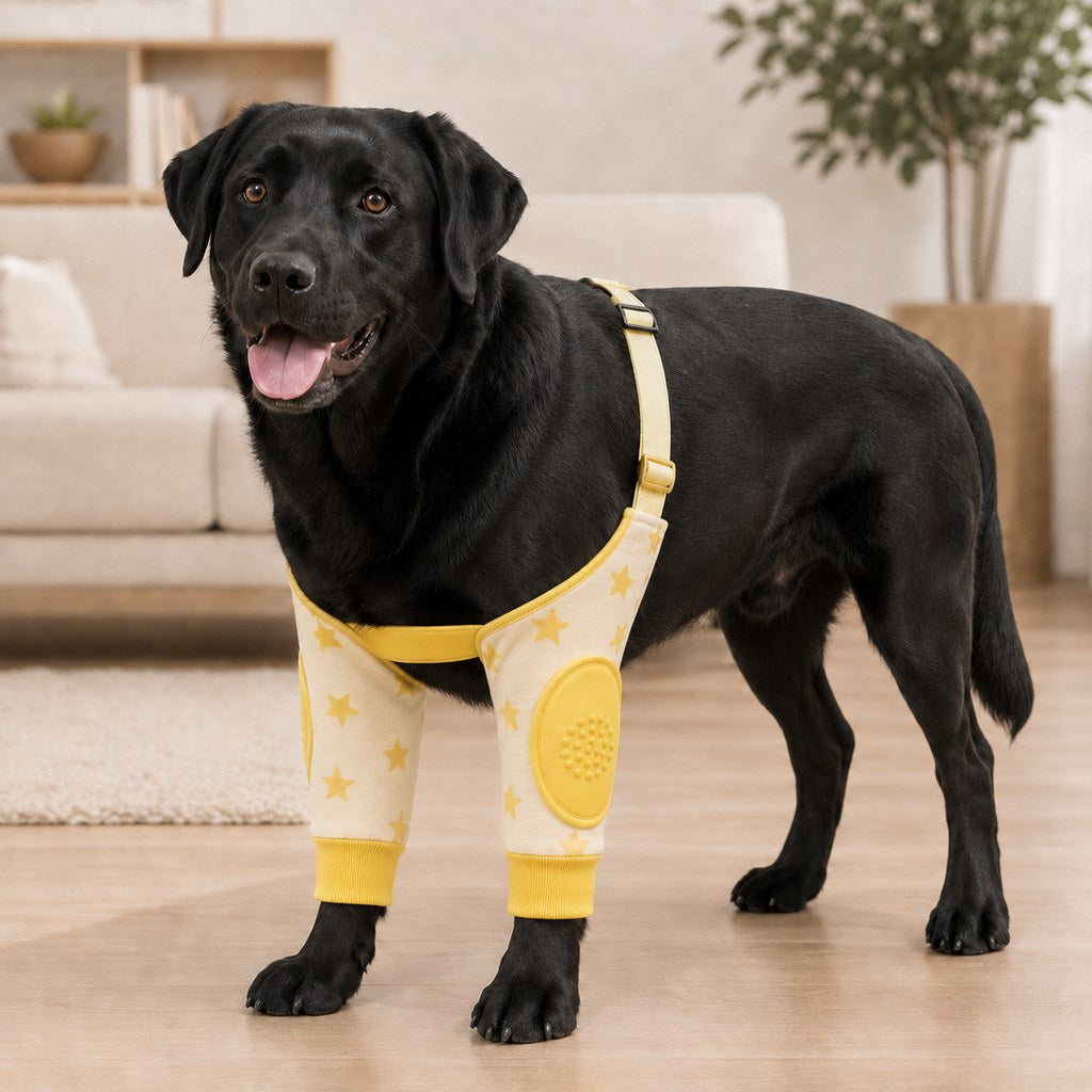 Yellow star dog elbow protector sleeves on standing dog